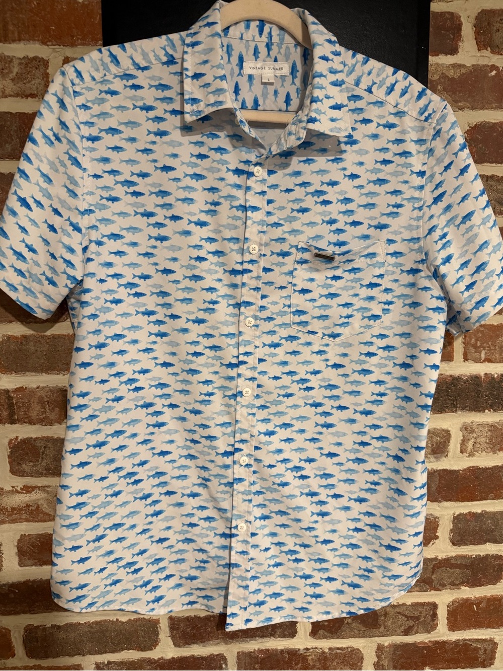 Vintage Short-Sleeve Button-Down Shirt in White and Blue Fish Print